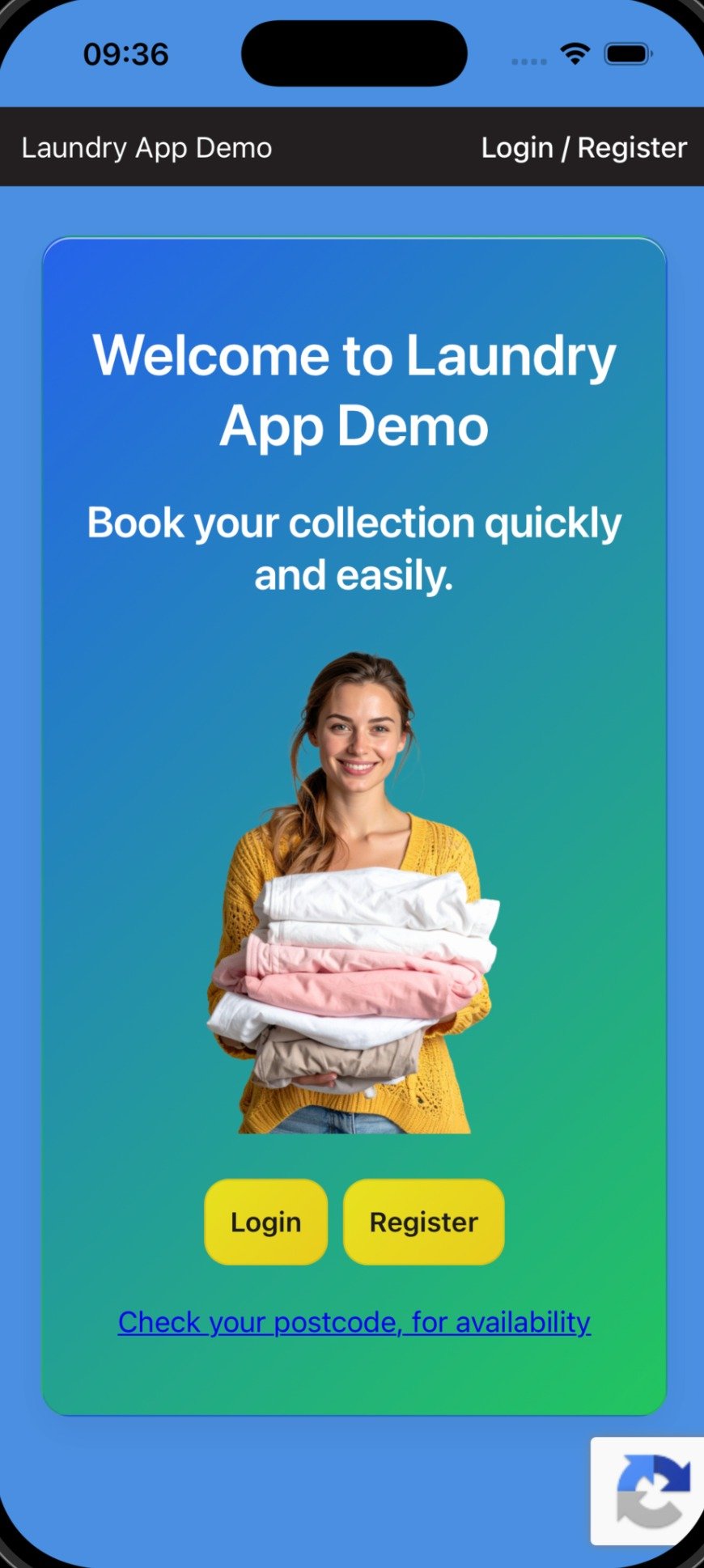The Laundry App welcome, login and registration screen